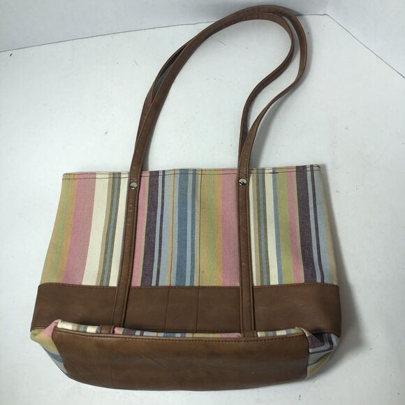 Longaberger Homestead Striped Purse Handbag Tote Bag Pastel Rainbow 12x9x3.5" C2 - Picture 4 of 9